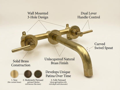 Handmade Unlacquered Brass Wall Mounted Bathroom Faucet | 3 Hole Wall Mount Basin Tap | Vintage Living Patina Artisan Moroccan Fixture