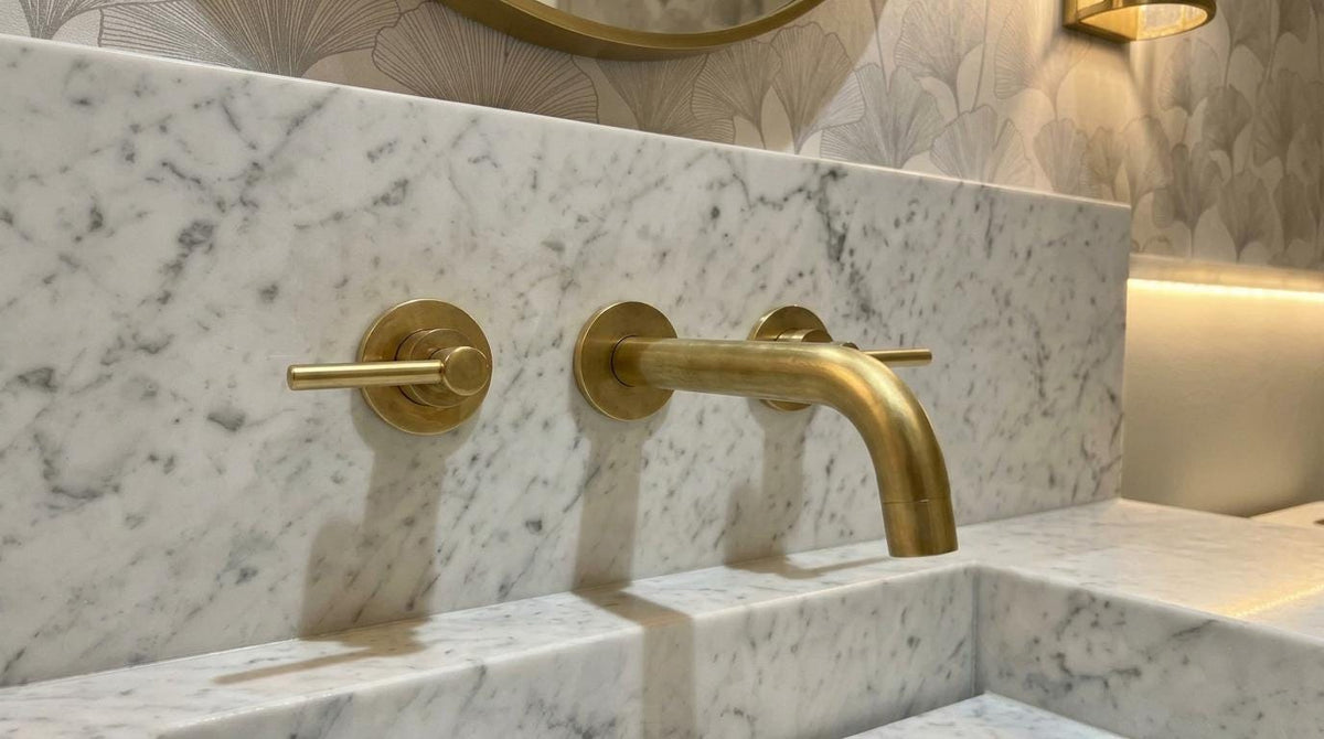 Handmade Unlacquered Brass Wall Mounted Bathroom Faucet | 3 Hole Wall Mount Basin Tap | Vintage Living Patina Artisan Moroccan Fixture