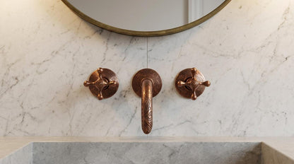 Handmade Copper Brass Wall Mounted Faucet Cross Handle | Unlacquered Antique Wall Mount Basin Tap |Vintage Moroccan Artisan Bathroom Fixture