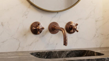 Handmade Copper Brass Wall Mounted Faucet Cross Handle | Unlacquered Antique Wall Mount Basin Tap |Vintage Moroccan Artisan Bathroom Fixture
