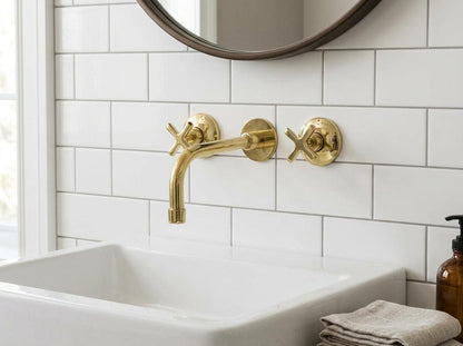 Handmade Unlacquered Brass Wall Mount Faucet With Valve | Antique Cross Handle Wall Bathroom Tap | Vintage Polished Gold Moroccan Fixture