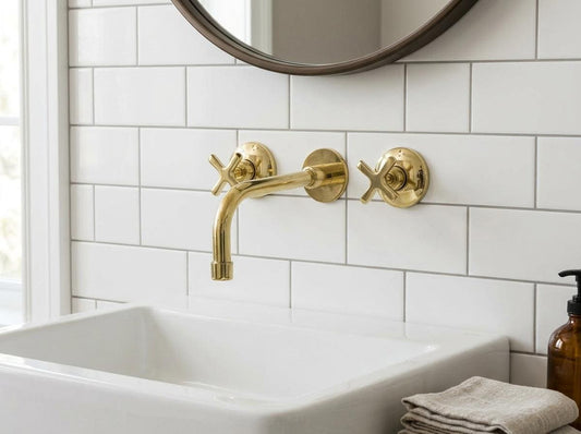Handmade Unlacquered Brass Wall Mount Faucet With Valve | Antique Cross Handle Wall Bathroom Tap | Vintage Polished Gold Moroccan Fixture