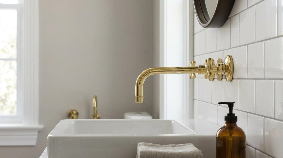 Handmade Unlacquered Brass Wall Mount Faucet With Valve | Antique Cross Handle Wall Bathroom Tap | Vintage Polished Gold Moroccan Fixture
