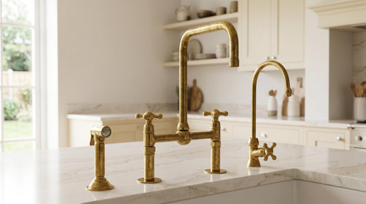 Unlacquered Brass Bridge Kitchen Faucet 8in, Solid Brass, Vintage Farmhouse Sink Tap w/ Cross Handles & Sprayer | Handmade in Morocco