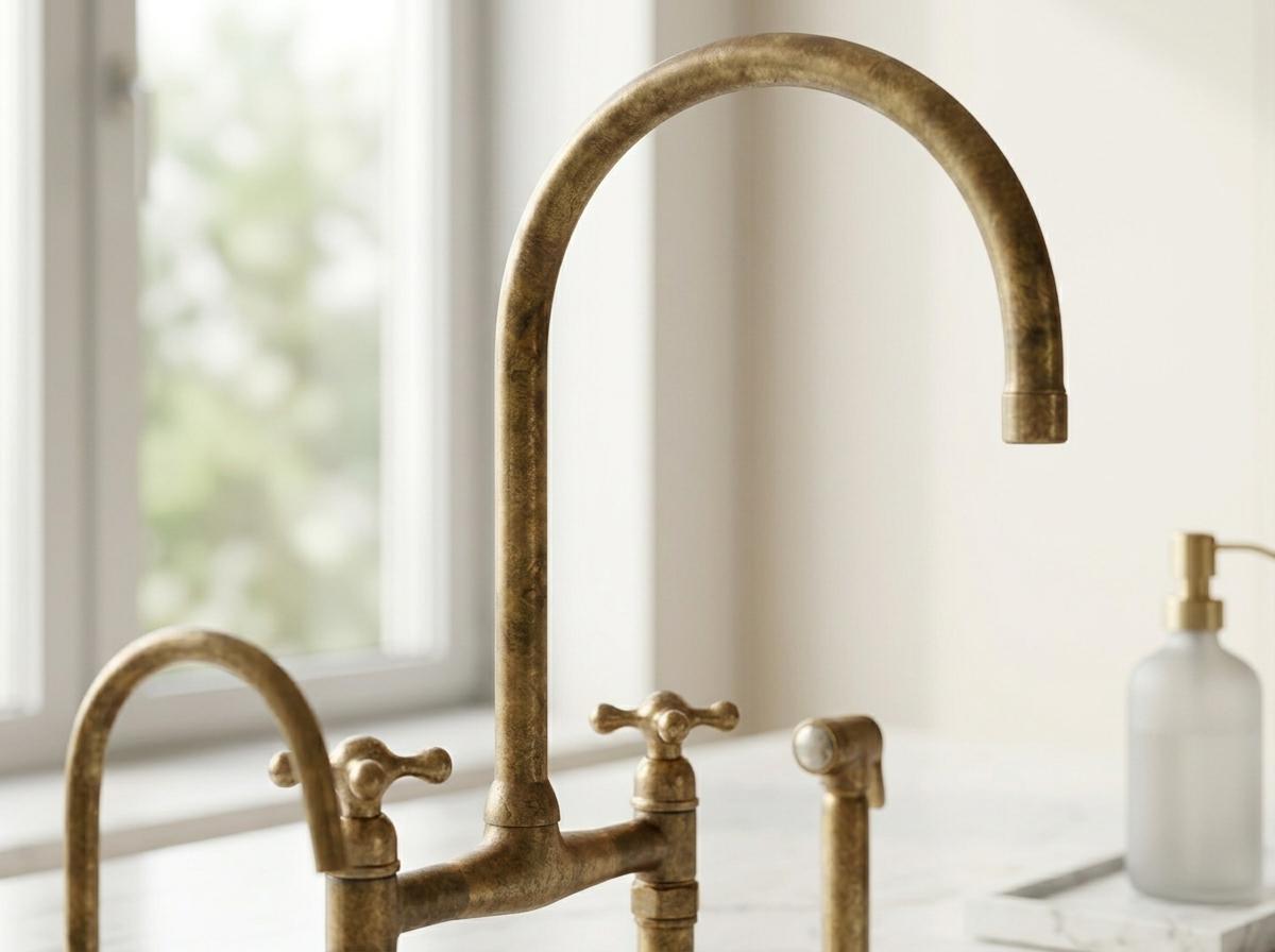 Handmade Unlacquered Brass Bridge Kitchen Faucet | 8 Inch Cross Handle With Side Sprayer | Vintage Antique Farmhouse Moroccan Artisan Tap
