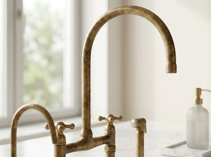 Handmade Unlacquered Brass Bridge Kitchen Faucet | 8 Inch Cross Handle With Side Sprayer | Vintage Antique Farmhouse Moroccan Artisan Tap