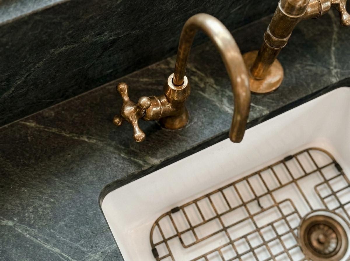 Handmade Unlacquered Brass Bridge Kitchen Faucet | 8 Inch Cross Handle With Side Sprayer | Vintage Antique Farmhouse Moroccan Artisan Tap