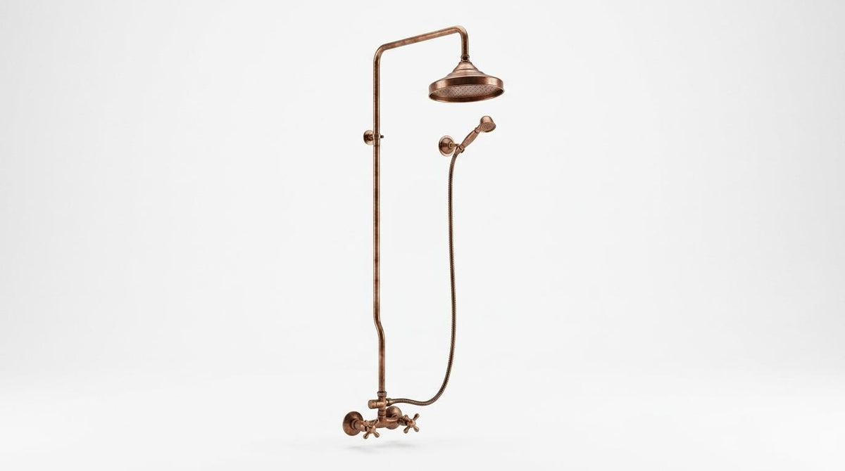 Copper Rain Shower System, Solid Copper Exposed Pipe Faucet, Vintage Industrial Dark Patina, Rustic Rain Head, Handmade in Morocco