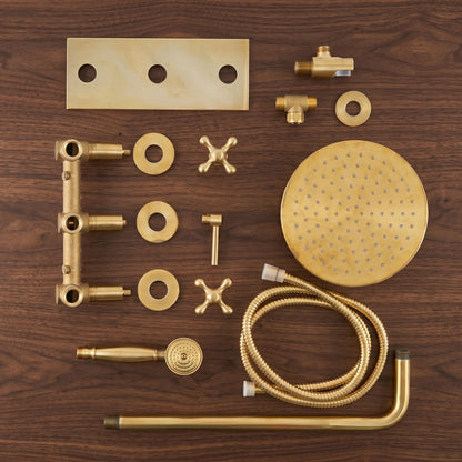 Unlacquered Brass Shower System, Solid Brass Wall-Mounted Rainfall & Handheld, Vintage Style