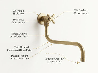 Handmade Unlacquered Brass Pot Filler Faucet Wall Mount | Solid Brass Stove Filler Vintage Farmhouse Kitchen Tap | Moroccan Artisan Fixture
