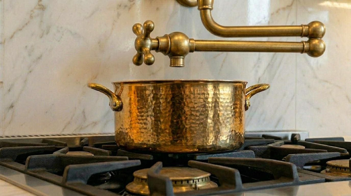 Handmade Unlacquered Brass Double Joint Pot Filler Faucet | Articulating Wall Mount Stove Tap | Vintage Polished Moroccan Artisan Kitchen