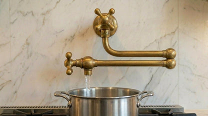 Handmade Unlacquered Brass Double Joint Pot Filler Faucet | Articulating Wall Mount Stove Tap | Vintage Polished Moroccan Artisan Kitchen