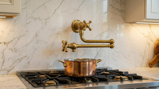 Handmade Unlacquered Brass Double Joint Pot Filler Faucet | Articulating Wall Mount Stove Tap | Vintage Polished Moroccan Artisan Kitchen
