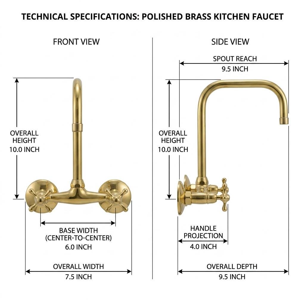 Handmade Unlacquered Brass Wall Mount Bridge Faucet Two Handle | 360 Swivel Mixer Kitchen Bathroom Tap | Vintage Farmhouse Moroccan Artisan