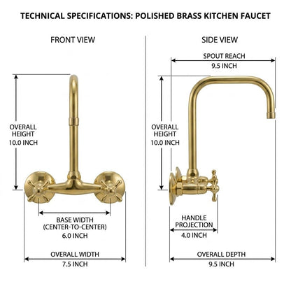 Handmade Unlacquered Brass Wall Mount Bridge Faucet Two Handle | 360 Swivel Mixer Kitchen Bathroom Tap | Vintage Farmhouse Moroccan Artisan