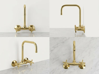 Handmade Unlacquered Brass Wall Mount Bridge Faucet Two Handle | 360 Swivel Mixer Kitchen Bathroom Tap | Vintage Farmhouse Moroccan Artisan