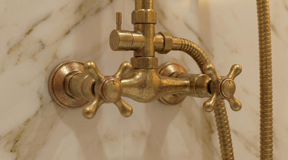 Unlacquered Brass Shower System Set – Rainfall Bathroom Fixture, Vintage Style Patina, Handmade in Morocco, Solid Brass