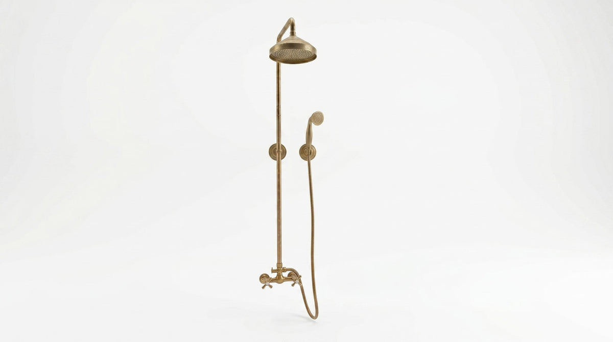 Unlacquered Brass Shower System Set – Rainfall Bathroom Fixture, Vintage Style Patina, Handmade in Morocco, Solid Brass