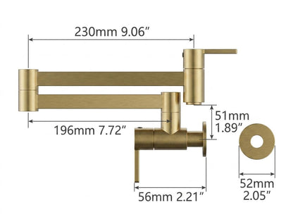 Handmade Brushed Brass Double Arm Pot Filler Faucet Wall Mount | Modern Minimalist Stove Kitchen Tap | Satin Gold Moroccan Artisan Fixture