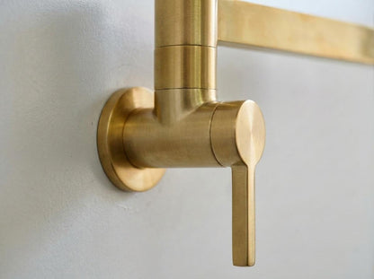Handmade Brushed Brass Double Arm Pot Filler Faucet Wall Mount | Modern Minimalist Stove Kitchen Tap | Satin Gold Moroccan Artisan Fixture