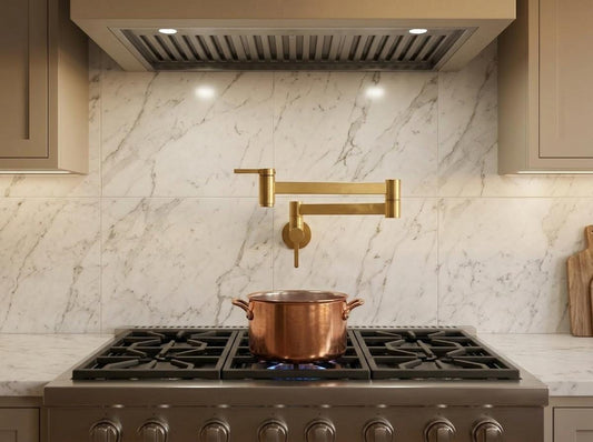 Handmade Brushed Brass Double Arm Pot Filler Faucet Wall Mount | Modern Minimalist Stove Kitchen Tap | Satin Gold Moroccan Artisan Fixture