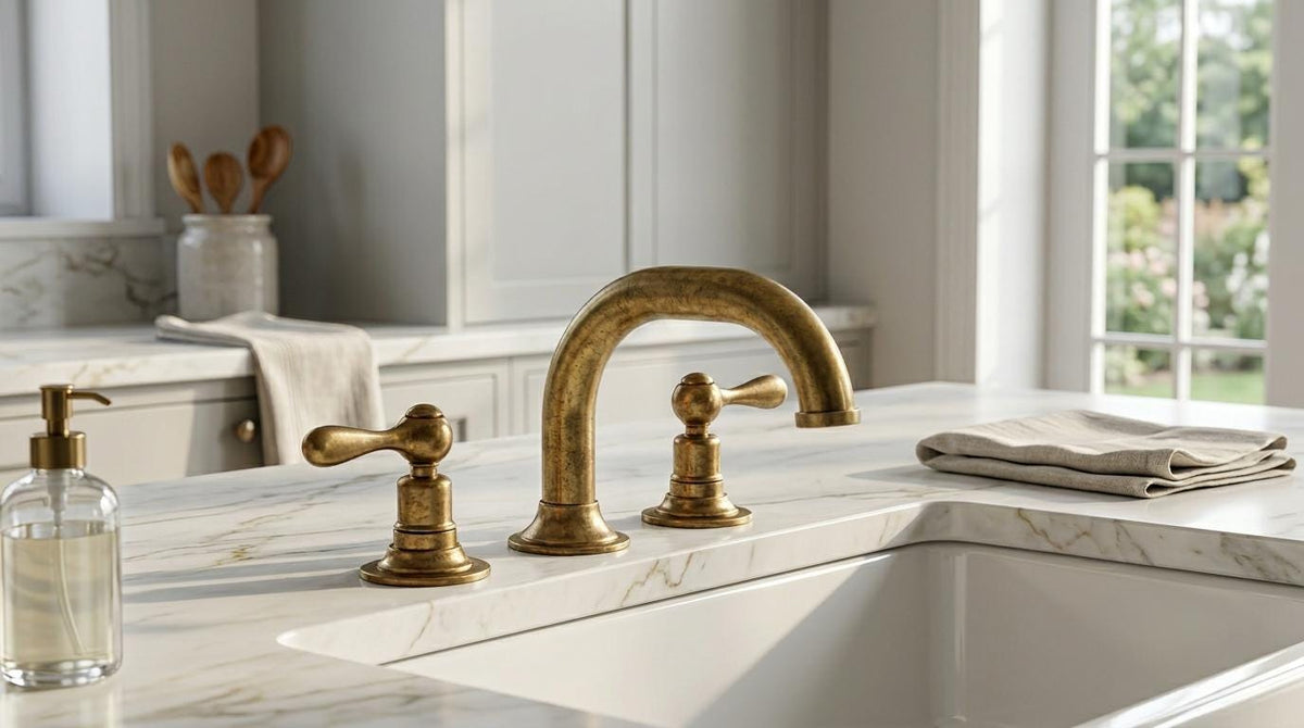 Handmade Unlacquered Brass Widespread Bathroom Faucet | Gooseneck 3 Hole Lever Handle Vanity Tap | Antique Vintage Living Patina Artisan