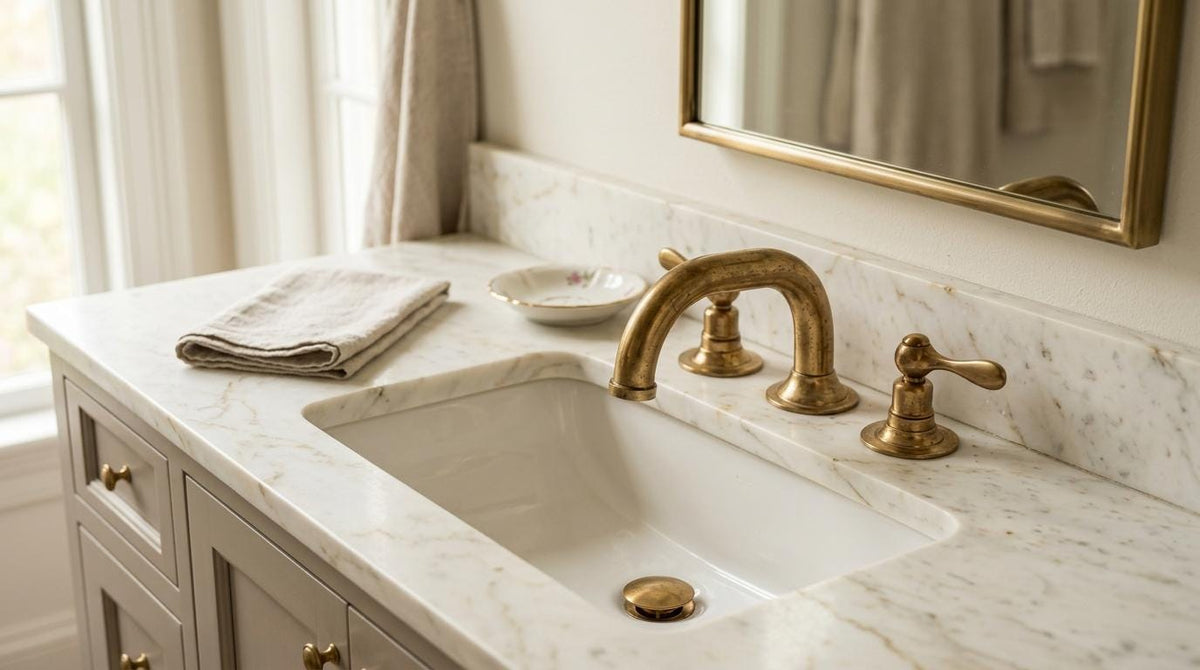 Handmade Unlacquered Brass Widespread Bathroom Faucet | Gooseneck 3 Hole Lever Handle Vanity Tap | Antique Vintage Living Patina Artisan