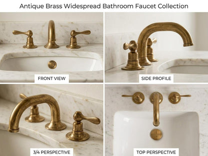 Handmade Unlacquered Brass Widespread Bathroom Faucet | Gooseneck 3 Hole Lever Handle Vanity Tap | Antique Vintage Living Patina Artisan
