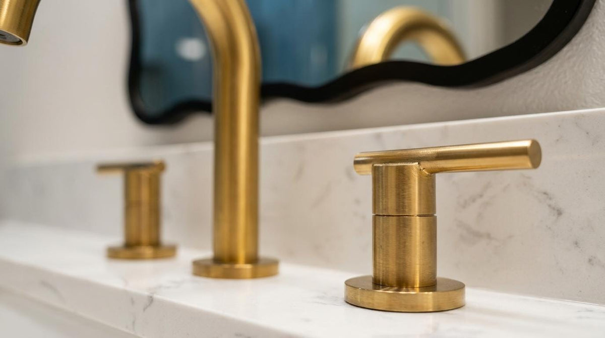 Handmade Brushed Brass Bathroom Faucet Widespread, 3 Hole Double Handle Vanity Tap, Modern Luxury Satin Gold Basin Faucet Artisan
