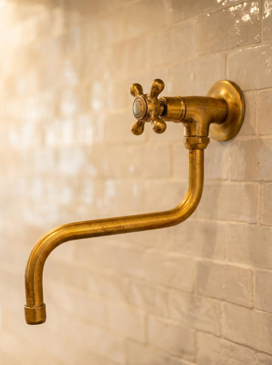 Unlacquered Brass Pot Filler Faucet | Wall Mount Articulating Swing Arm | Solid Brass Over Stove Kitchen Tap | Farmhouse Chef Faucet