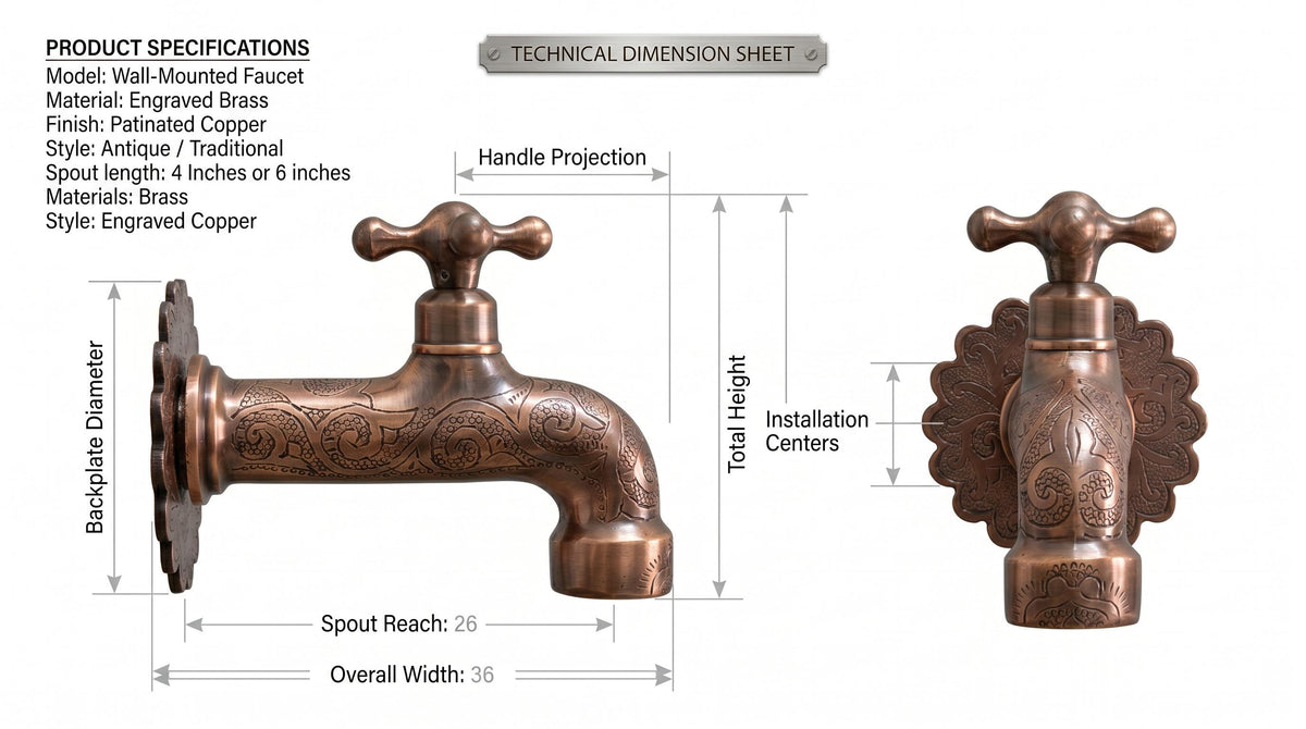Handmade Engraved Copper Moroccan Wall Faucet, Arabesque Decorative Garden Outdoor Tap, Antique Single Hole Artisan Bathroom Kitchen Spigot
