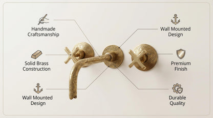 Engraved Brass 3-Hole Wall Faucet | Moroccan Double Handle Arabesque Bathroom Tap | Unlacquered Polished Luxury Artisan Sink Faucet