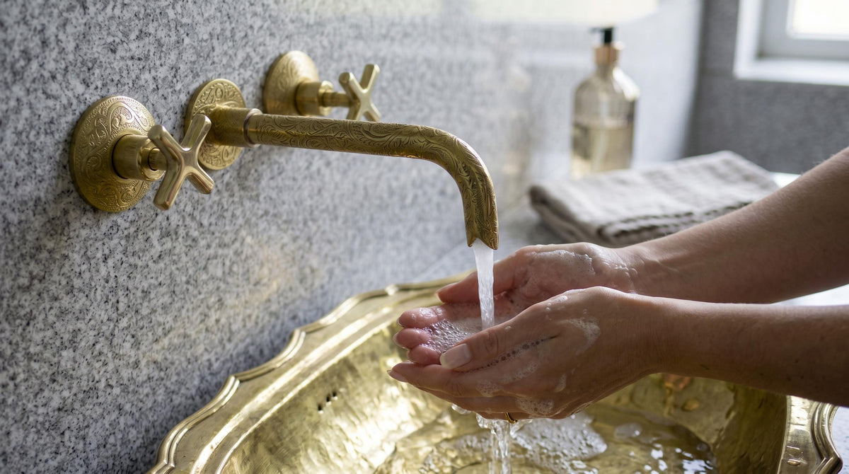 Engraved Brass 3-Hole Wall Faucet | Moroccan Double Handle Arabesque Bathroom Tap | Unlacquered Polished Luxury Artisan Sink Faucet