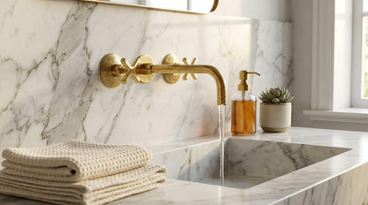 Engraved Brass 3-Hole Wall Faucet | Moroccan Double Handle Arabesque Bathroom Tap | Unlacquered Polished Luxury Artisan Sink Faucet