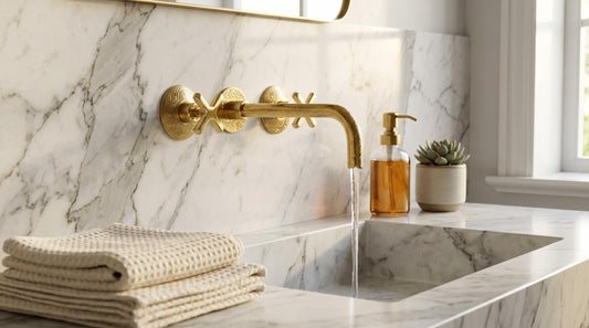 Engraved Brass 3-Hole Wall Faucet | Moroccan Double Handle Arabesque Bathroom Tap | Unlacquered Polished Luxury Artisan Sink Faucet