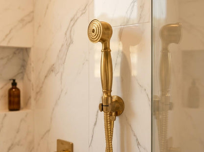 Antique Brass Handheld Shower Set | Single Handle Valve Kit | Vintage Brass Shower Head Wall Mount | Custom Moroccan Luxury Bathroom