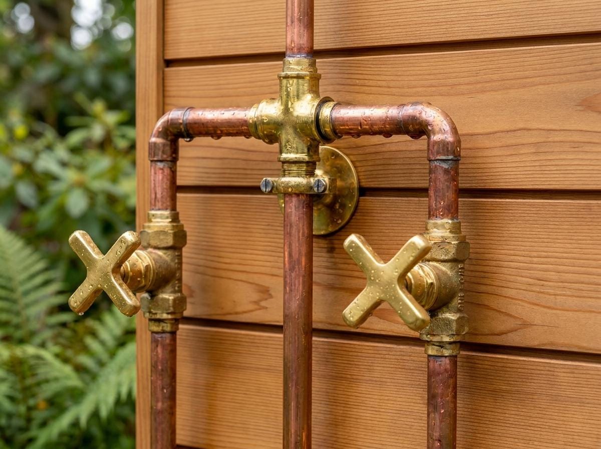 Handmade Copper Outdoor Shower System Wall Mount | Brass Rain Shower Head Garden Pool Shower | Rustic Industrial Artisan Pipe Shower Set