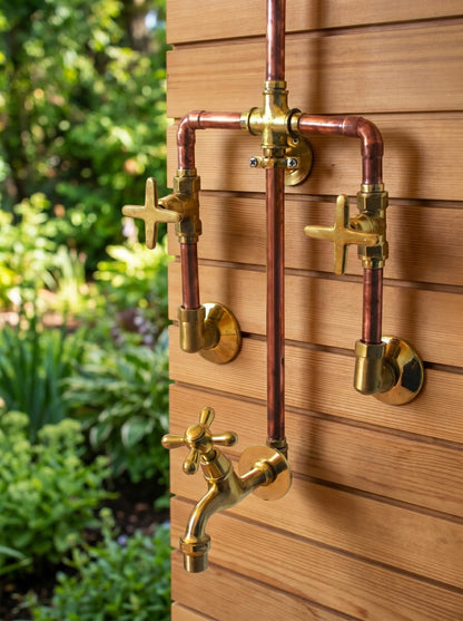 Handmade Copper Outdoor Shower System Wall Mount | Brass Rain Shower Head Garden Pool Shower | Rustic Industrial Artisan Pipe Shower Set