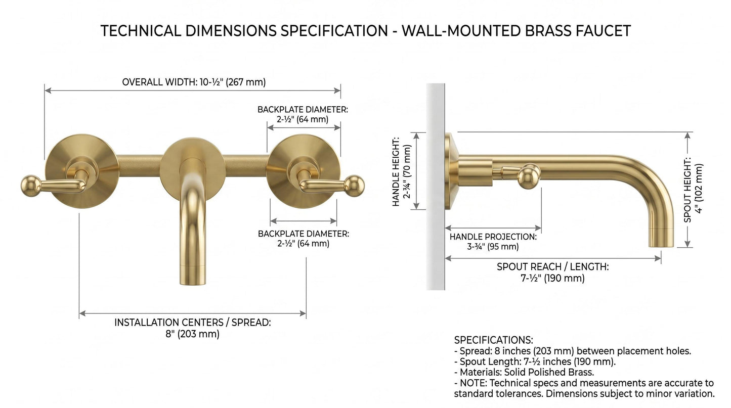 Unlacquered Brass 3-Hole Wall Mount Faucet | Lever Handle Bathroom Tap | Vintage Antique Solid Brass Widespread Luxury Sink Faucet