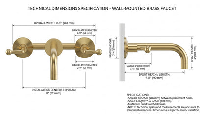 Unlacquered Brass 3-Hole Wall Mount Faucet | Lever Handle Bathroom Tap | Vintage Antique Solid Brass Widespread Luxury Sink Faucet