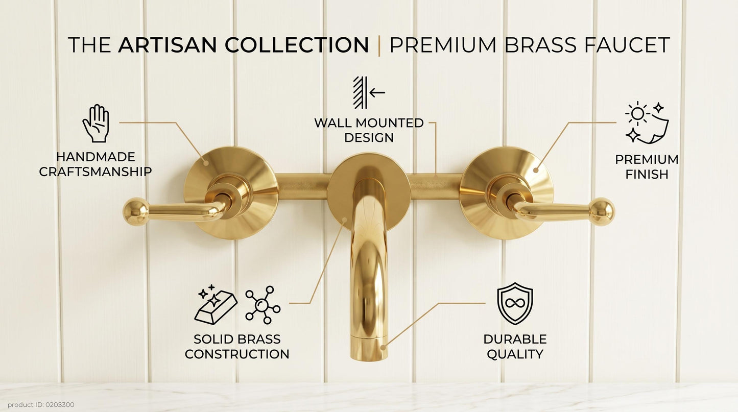Unlacquered Brass 3-Hole Wall Mount Faucet | Lever Handle Bathroom Tap | Vintage Antique Solid Brass Widespread Luxury Sink Faucet
