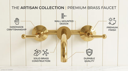 Unlacquered Brass 3-Hole Wall Mount Faucet | Lever Handle Bathroom Tap | Vintage Antique Solid Brass Widespread Luxury Sink Faucet