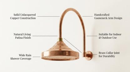 Solid Copper Rain Shower Head | Vintage Gooseneck Wall Mount | Antique Round Rainfall Showerhead Indoor Outdoor Bathroom Fixture