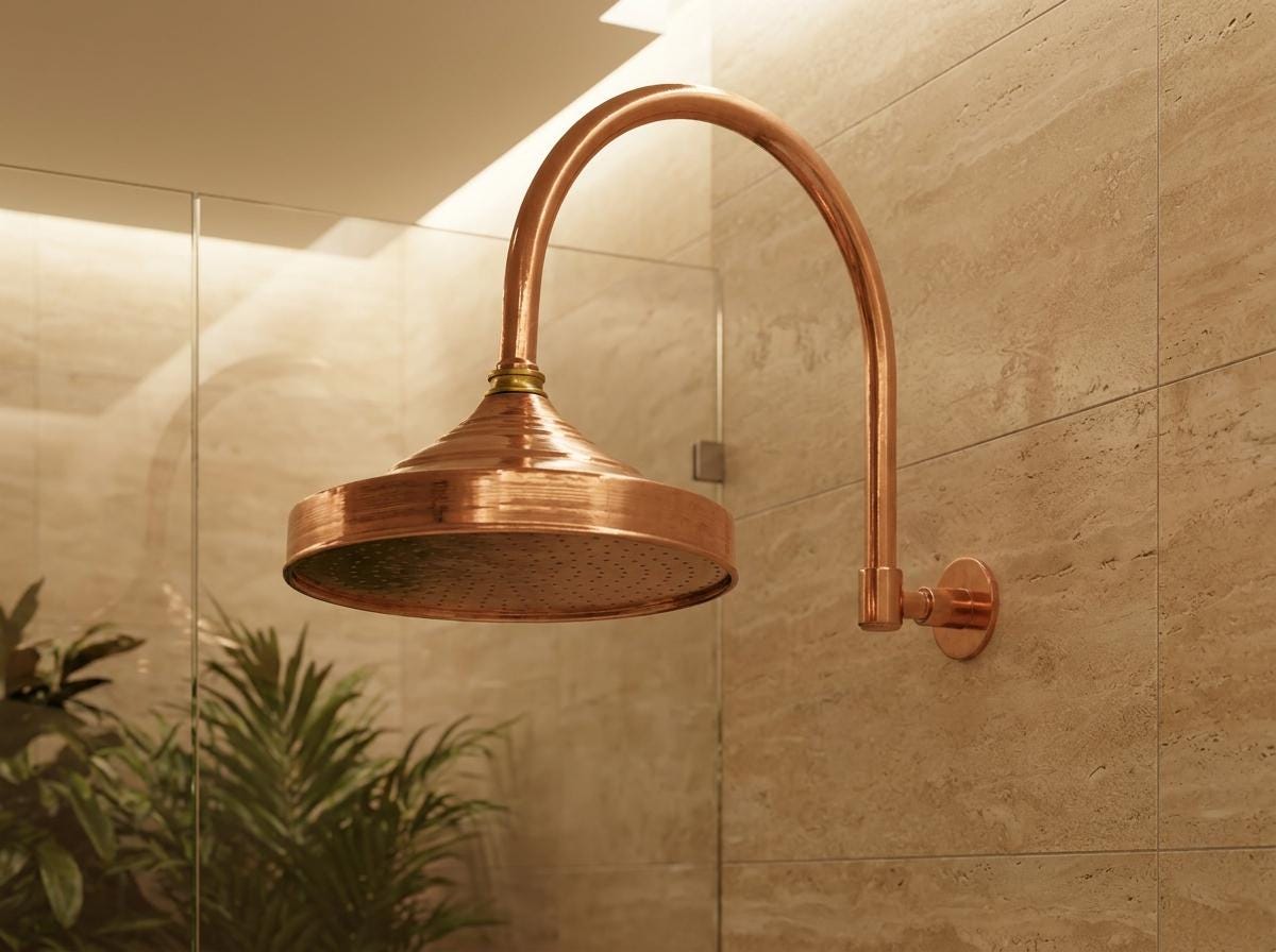 Solid Copper Rain Shower Head | Vintage Gooseneck Wall Mount | Antique Round Rainfall Showerhead Indoor Outdoor Bathroom Fixture