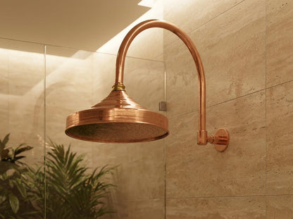 Solid Copper Rain Shower Head | Vintage Gooseneck Wall Mount | Antique Round Rainfall Showerhead Indoor Outdoor Bathroom Fixture