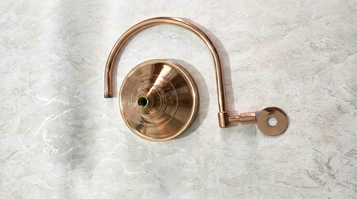 Solid Copper Rain Shower Head | Vintage Gooseneck Wall Mount | Antique Round Rainfall Showerhead Indoor Outdoor Bathroom Fixture