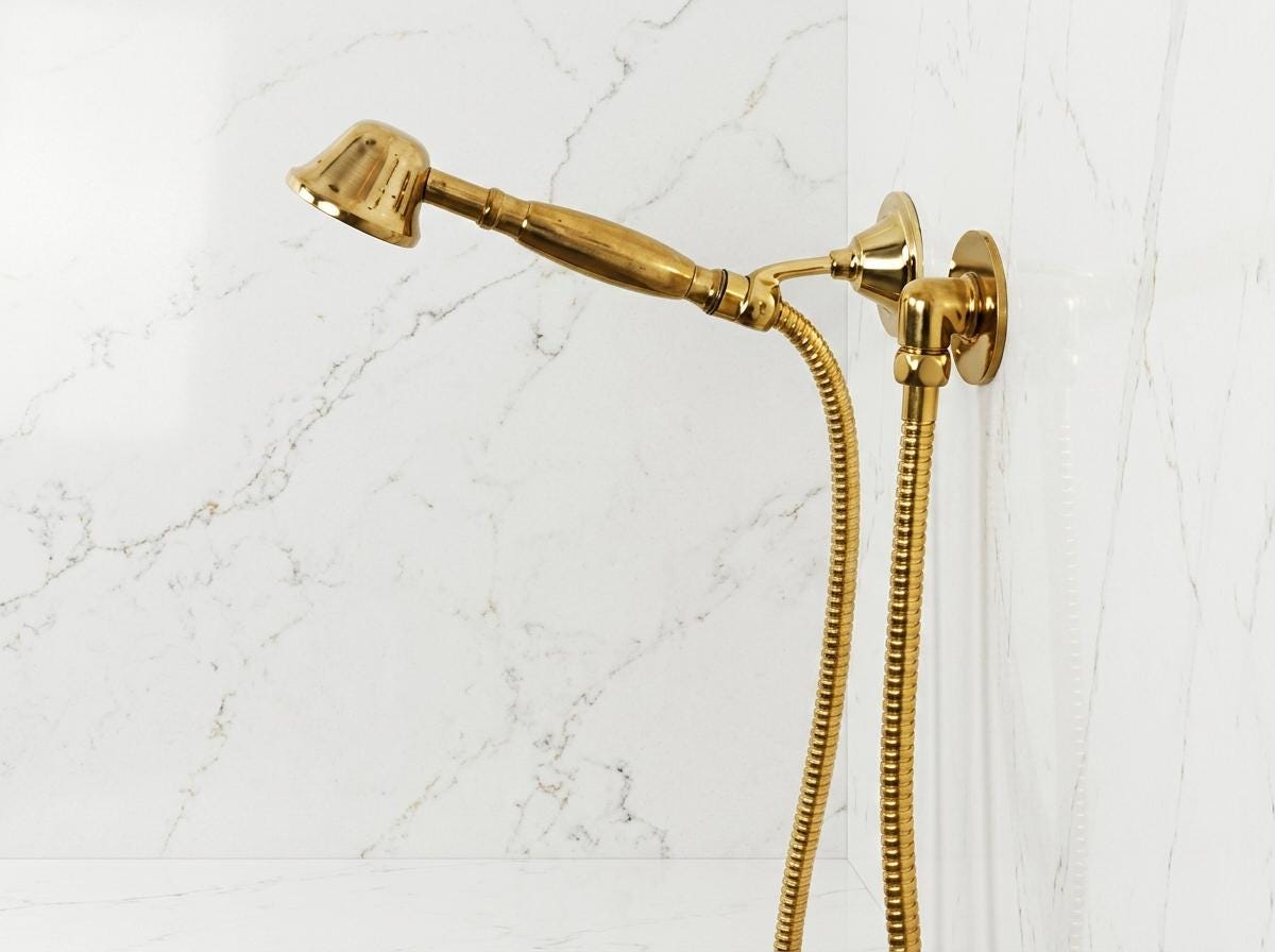 Unlacquered Brass Shower System | Rainfall Head, Handheld Shower & Tub Faucet | Vintage 3 Way Valve Luxury Spa Bathroom Set