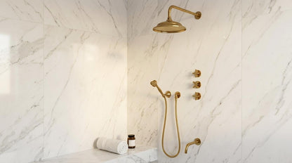 Unlacquered Brass Shower System | Rainfall Head, Handheld Shower & Tub Faucet | Vintage 3 Way Valve Luxury Spa Bathroom Set