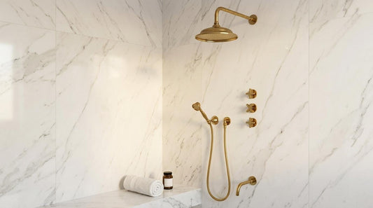 Unlacquered Brass Shower System | Rainfall Head, Handheld Shower & Tub Faucet | Vintage 3 Way Valve Luxury Spa Bathroom Set