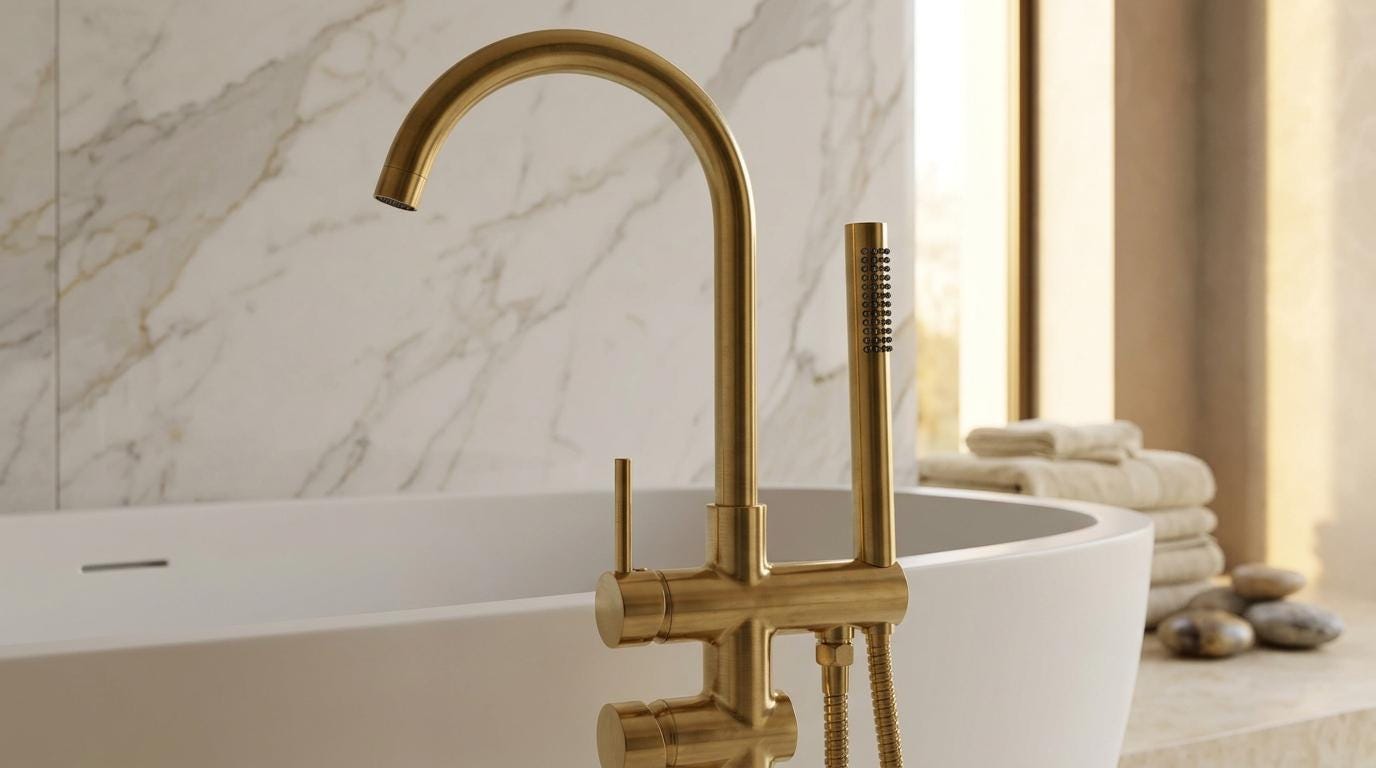 Handmade Brushed Brass Freestanding Tub Filler Floor Mount | Satin Gold Bathtub Faucet With Hand Shower | Modern Luxury Artisan Tap